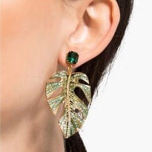Swarovski Tropical Leaf Pierced Earrings, Green, Gold-tone plated, New